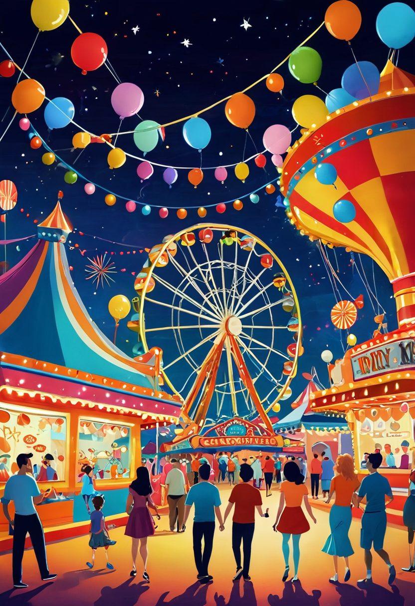 A whimsical and playful scene featuring various cartoonish characters engaging in humorous adult-themed activities, with a vibrant color palette that exudes joy and amusement. The background showcases a fun, carnival-like atmosphere with colorful lights and amusing props. Add elements of surrealism for a dreamy effect, ensuring an approachable yet cheeky vibe. The overall composition should evoke laughter and curiosity, appealing to adults looking for enjoyment. vibrant colors. cartoonish style. whimsical.